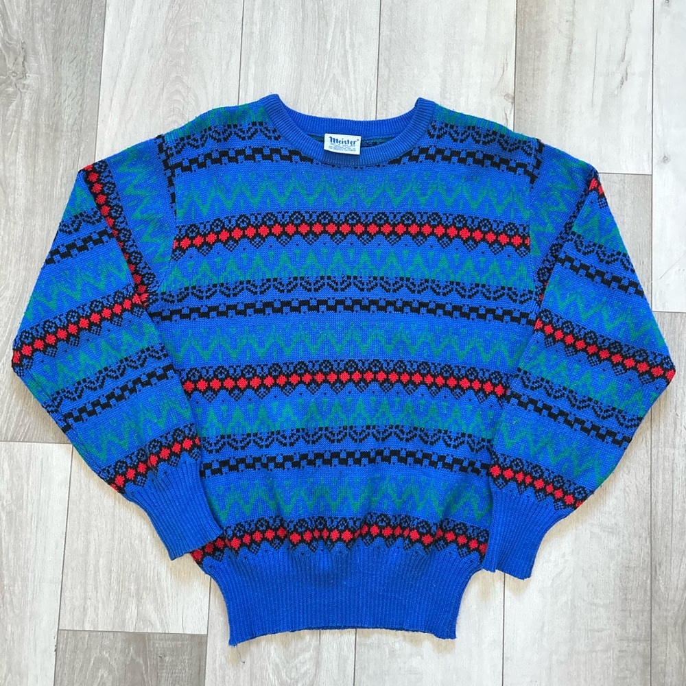 80's Vibrant Blue Abstract Patern Vintage Knit Wool Blend Sweater Size Small